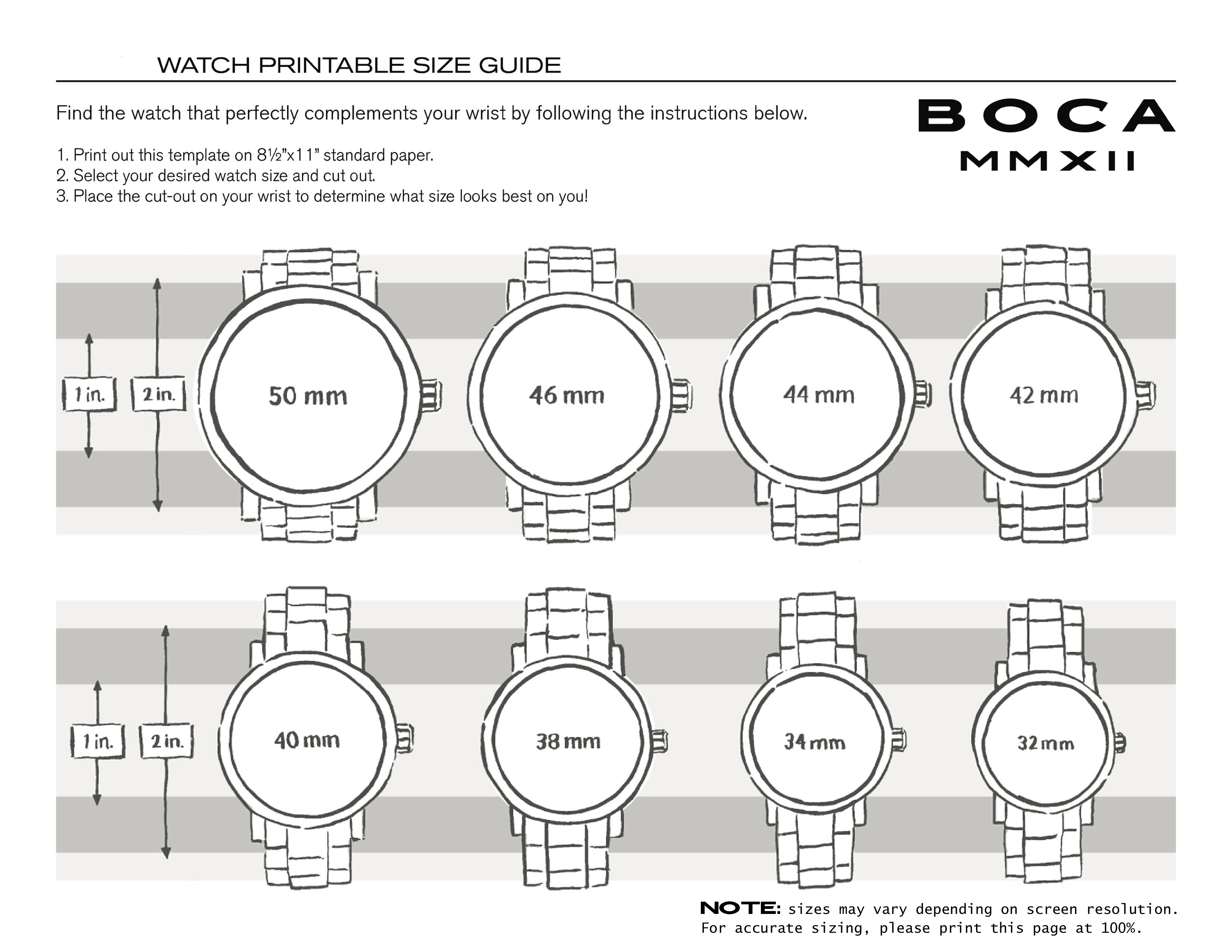 Watch Case Diameter Chart