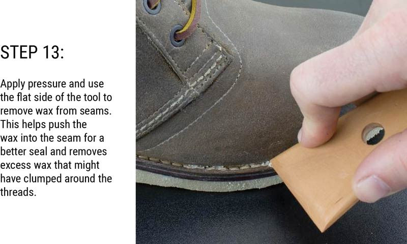 Step 13: Apply pressure and use the flat side of the tool to remove wax from seams. This helps push the wax into the seam for a better seal and removes excess wax that might have clumped around the threads.