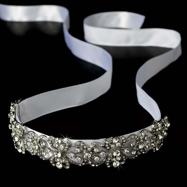 White or Ivory Antique Vintage Rhinestone Bridal Ribbon Wedding Headband Silver 