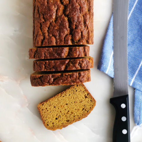 Recipe for Golden Grain-free Banana Bread made with JOYÀ Glow turmeric elixir blend on the blog at joya.ca.