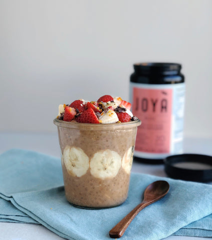 Vegan and paleo tahini-cocoa overnight oat and chia pudding made with JOYÀ Bliss elixir