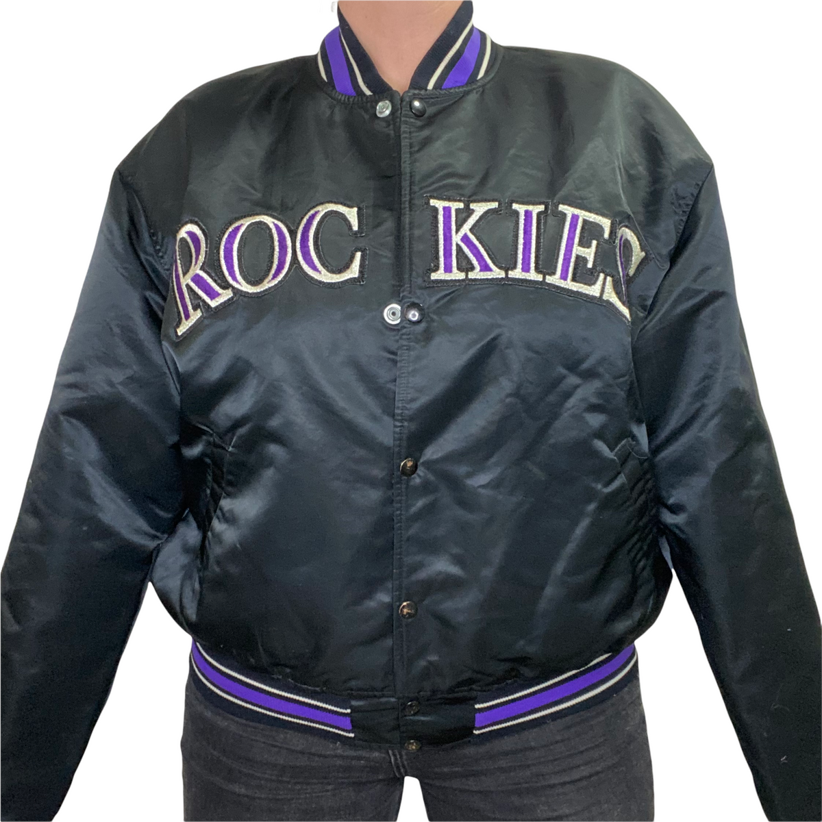 Vintage Early 90s Colorado Rockies Satin Bomber STARTER JACKET SPELL OUT -  XL