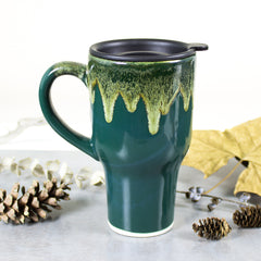 Hunter Green Ceramic Travel Mug with handle, Moss Green fall decor