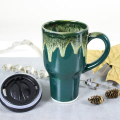 Rustic woodland hunter green and moss travel mug, with silicone lid, fall autumn kitchen decor