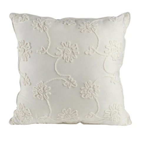 white embroidered flowers square pillow