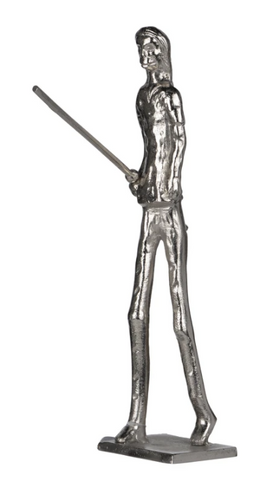 prehistoric silver lady sculpture with spear