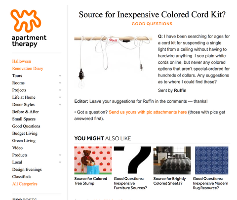 Apartment Therapy screenshot for colored cord kits