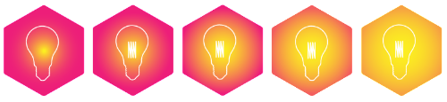 Simple graphic of a gradient of light bulbs from darker to lighter illustrating lumens brightness scale.