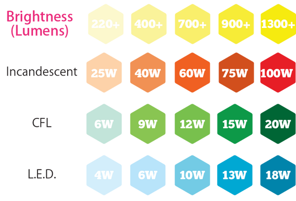 Lumens brightness scale chart with lighting watts and bulb types.
