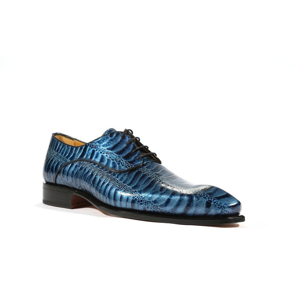 Ambrogio 39127 Men's Shoes Blue Ostrich Leg Print / Calf-Skin Leather Derby Oxfords(AMB1005)-AmbrogioShoes