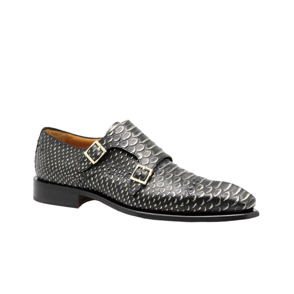 Ambrogio 40418-A147 Men's Shoes Black Lorando Snake Print / Calf-Skin Leather Monk-Straps Loafers (AMBX1010)-AmbrogioShoes