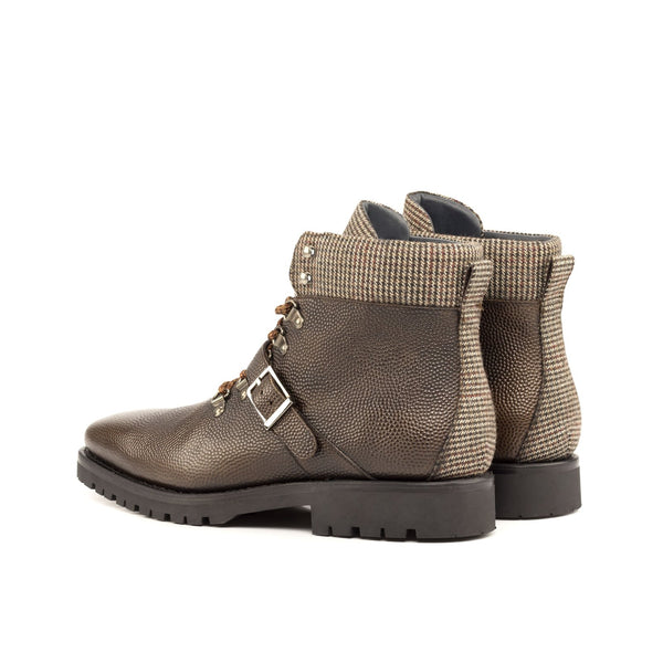 Ambrogio Bespoke Custom Men's Shoes Beige & Brown Tweed Fabric / Pebble Grain Leather Hiking Boots (AMB2180)-AmbrogioShoes