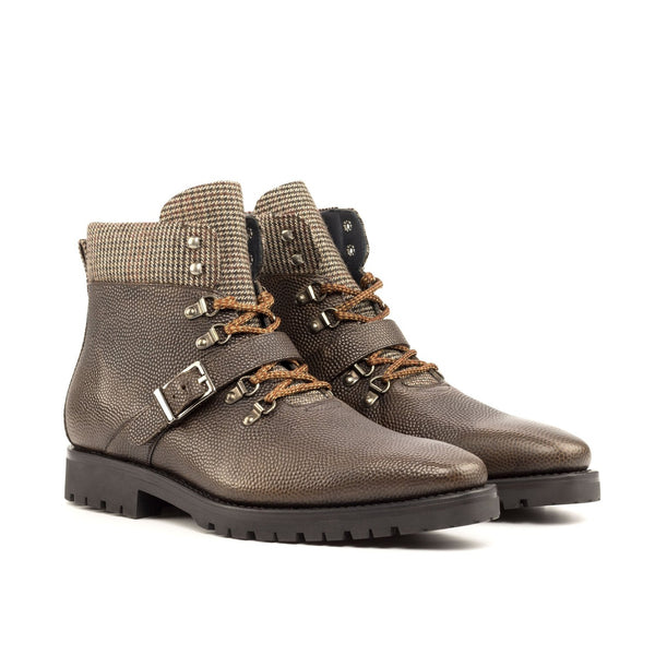 Ambrogio Bespoke Custom Men's Shoes Beige & Brown Tweed Fabric / Pebble Grain Leather Hiking Boots (AMB2180)-AmbrogioShoes