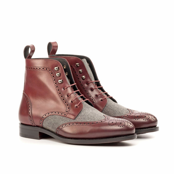 Ambrogio Bespoke Custom Men's Shoes Burgundy & Gray Flannel / Calf-Skin Leather Military Boots (AMB2183)-AmbrogioShoes