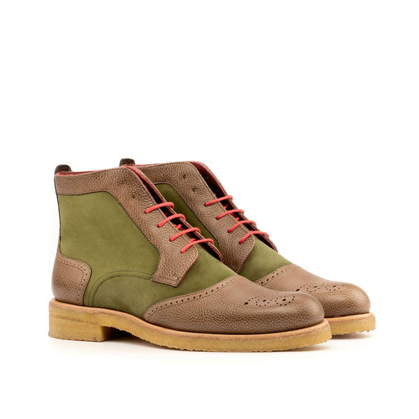 Ambrogio 3952 Bespoke Custom Women's Shoes Green & Brown Suede / Full Grain Leather Brogue Boots (AMBW1040)-AmbrogioShoes