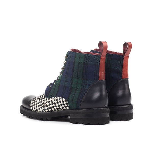 Ambrogio Bespoke Custom Women's Shoes Black, Blue, Green & White Fabric / Calf-Skin Leather Cap-Toe Boots (AMBW1090)-AmbrogioShoes