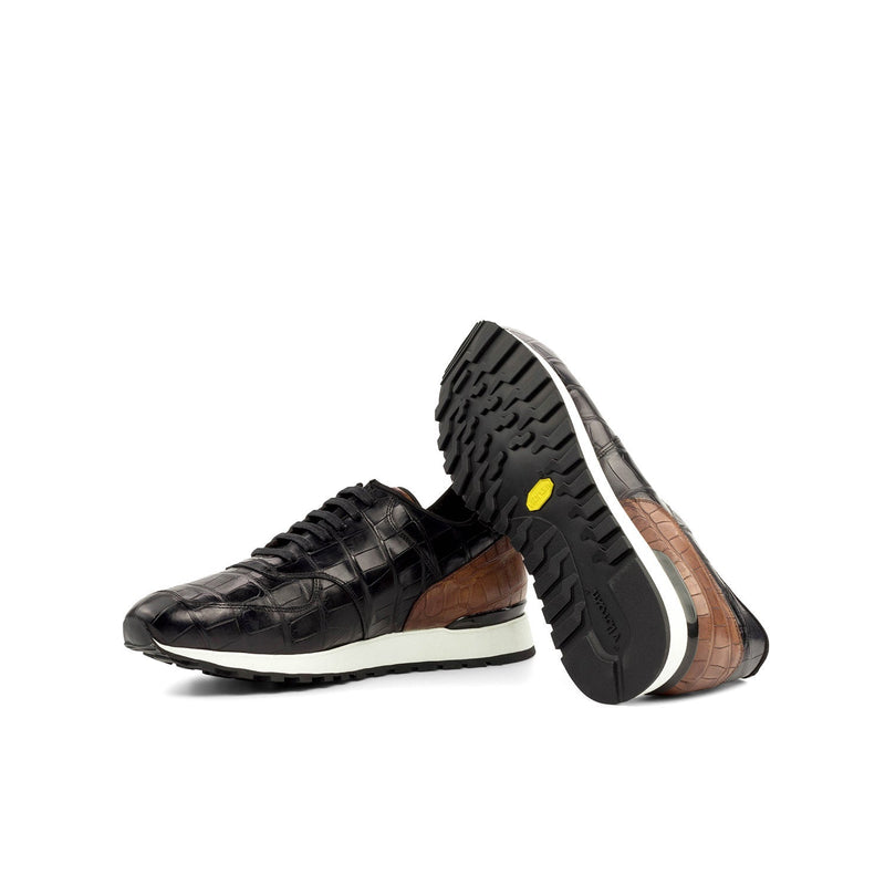 Ambrogio Bespoke Men's Shoes Black & Brown Exotic Alligator Casual Jogger Sneakers (AMB2284)-AmbrogioShoes