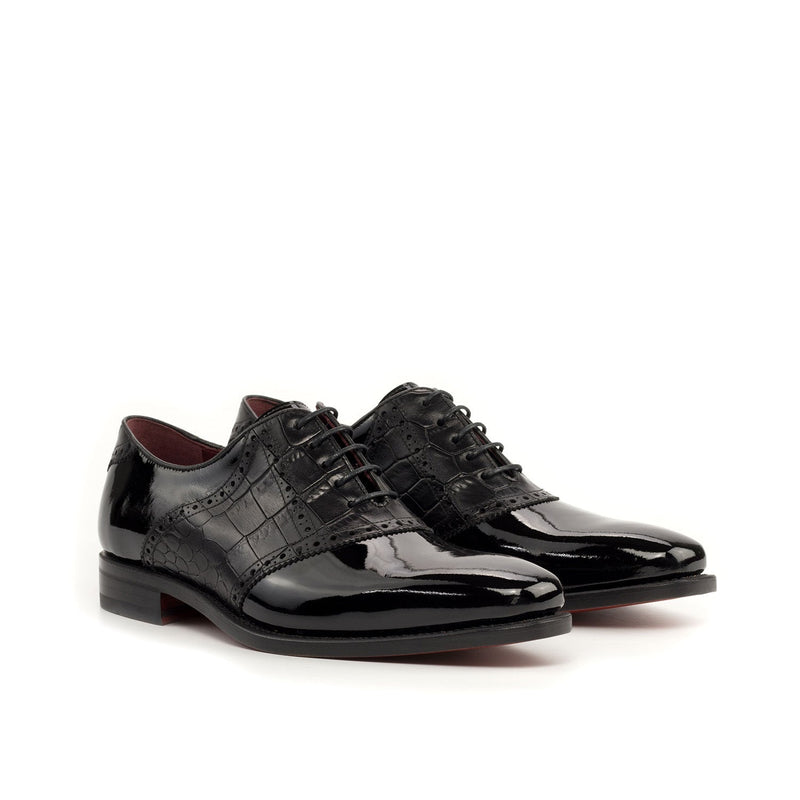 Ambrogio Bespoke Men's Shoes Black Crocodile Print / Patent Leather Formal Saddle Oxfords (AMB2285)-AmbrogioShoes