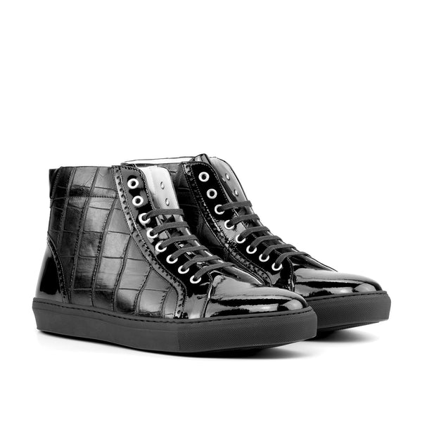 Ambrogio Bespoke Men's Shoes Black Exotic Alligator / Patent Leather High Kicks Sneakers (AMB2262)-AmbrogioShoes