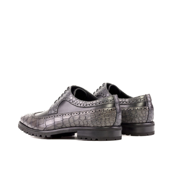 Ambrogio Bespoke Men's Shoes Black & Gray Crocodile Print / Calf-Skin Leather Wingtip Derby Oxfords(AMB2271)-AmbrogioShoes