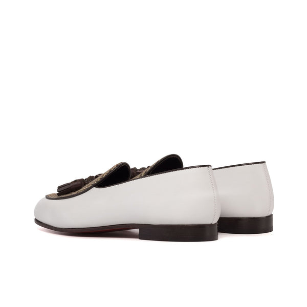 Ambrogio Bespoke Men's Shoes Brown & White Calf-Skin Leather / Fabric Tassels Belgian Slipper (AMB2283)-AmbrogioShoes