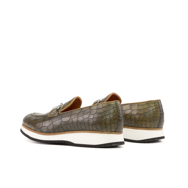 Ambrogio Bespoke Men's Shoes Olive Crocodile Print Leather Horsebit Loafers (AMB2273)-AmbrogioShoes