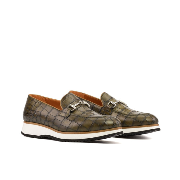 Ambrogio Bespoke Men's Shoes Olive Crocodile Print Leather Horsebit Loafers (AMB2273)-AmbrogioShoes