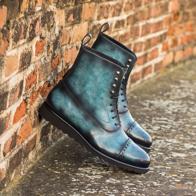 Ambrogio Bespoke Men's Shoes Turquoise Patina Leather Balmoral Boots (AMB2272)-AmbrogioShoes