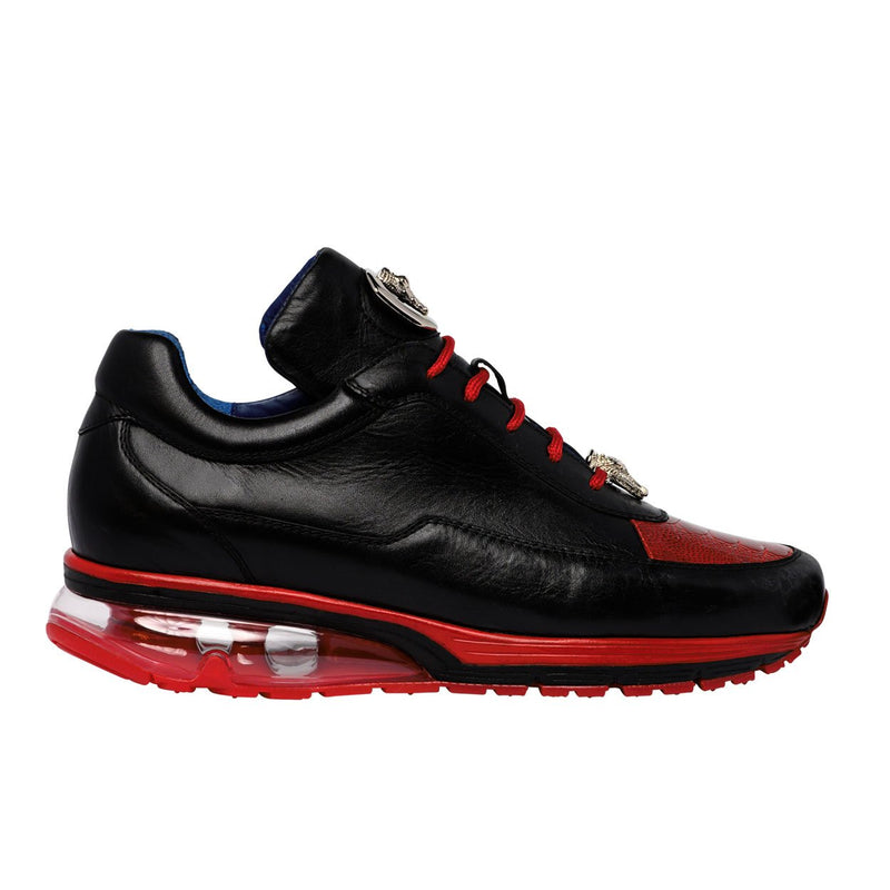 Belvedere E01 Flash Men's Shoes Black & Red Exotic Ostrich / Calf-Skin Leather Casual Sneakers (BV2966)-AmbrogioShoes