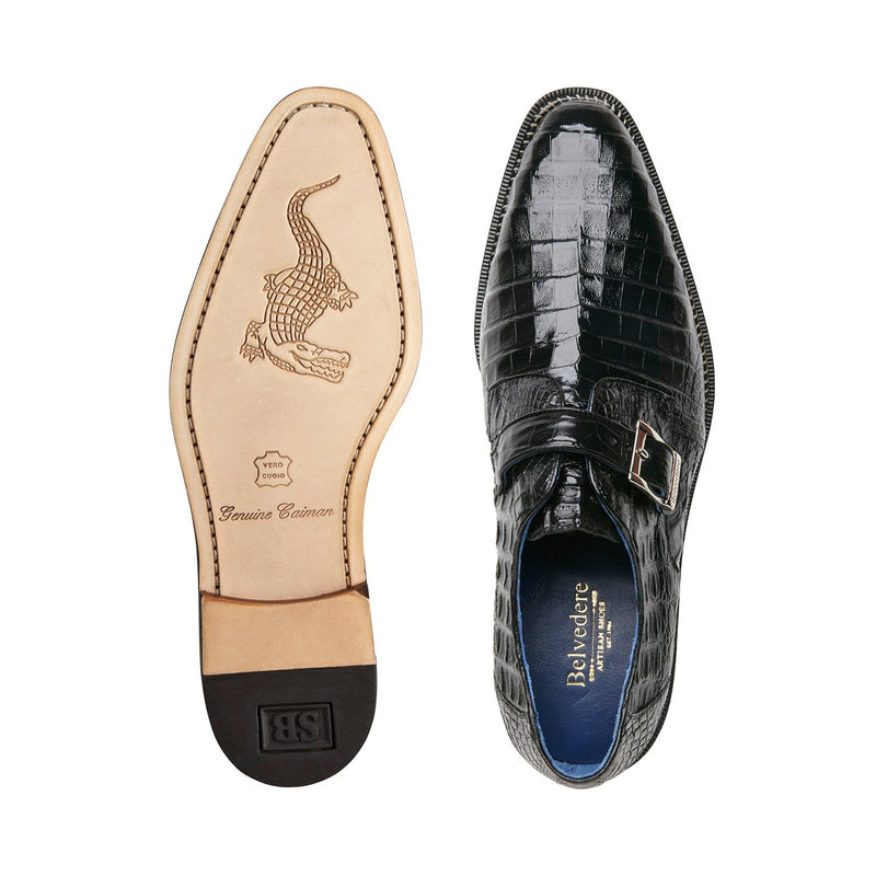 Belvedere Spencer Men's Shoes Black Exotic Genuine Caiman Crocodile Monk-Strap Loafers (BV3042)-AmbrogioShoes