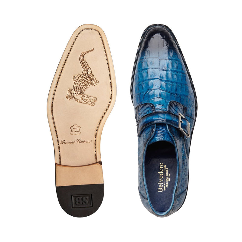Belvedere Spencer Men's Shoes Ocean Blue Exotic Genuine Caiman Crocodile Monk-Strap Loafers (BV3043)-AmbrogioShoes