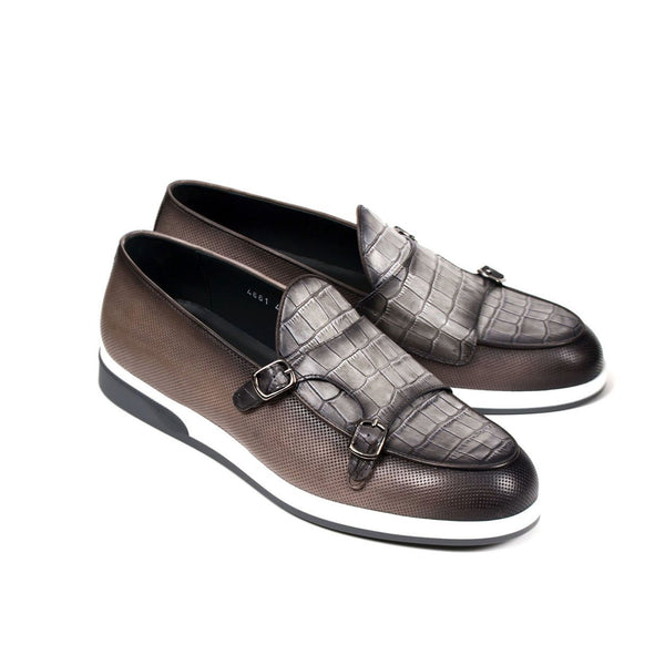 Corrente C0016 4661SP Men's Shoes Gray Crocodile Print / Calf-Skin Leather Monkstraps Loafers (CRT1261)-AmbrogioShoes
