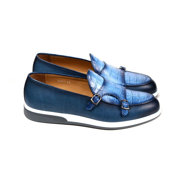 Corrente C0017 4661SP Men's Shoes Blue Crocodile Print / Calf-Skin Leather Monkstraps Loafers (CRT1262)-AmbrogioShoes