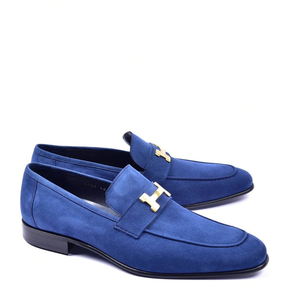 Corrente C02005 5760 Men's Shoes Blue Suede Leather H-Buckle Loafers (CRT1297)-AmbrogioShoes