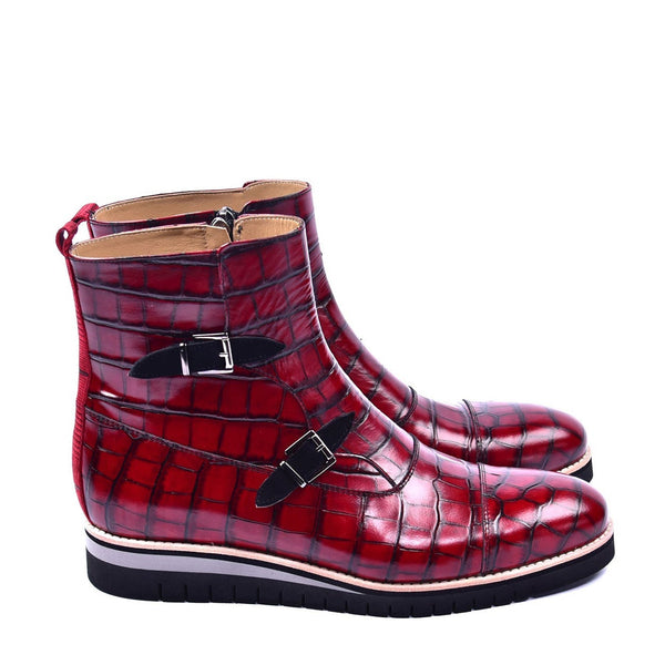 Corrente C0331 5784 Men's Shoes Red Crocodile Print / Calf-Skin Leather Zipper Boots (CRT1277)-AmbrogioShoes