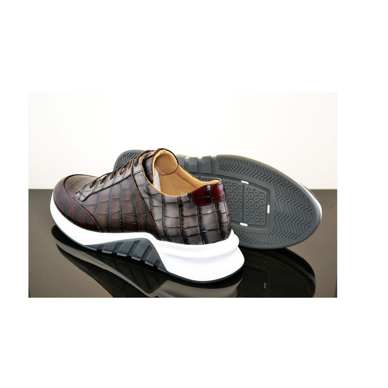 Corrente C034-5569 Men's Shoes Gray & Burgundy Crocodile Print / Calf-Skin Leather Sneakers (CRT1203)-AmbrogioShoes