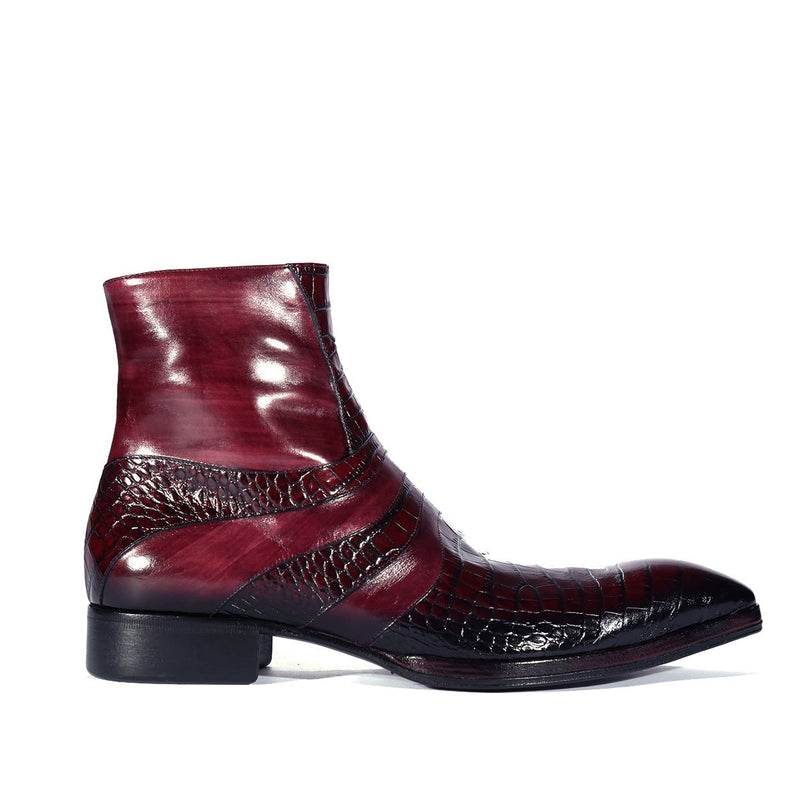 Jo Ghost 2727 BIS Men's Shoes Burgundy Crocodile Print / Buffalo Leather Ankle Boots (JG5302)-AmbrogioShoes