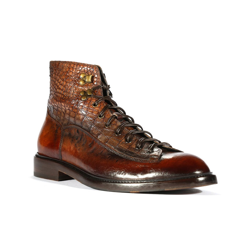 Jo Ghost 2833 Men's Shoes Brown Crust Crocodile Print / Buffalo Leather Boots (JG5304)-AmbrogioShoes