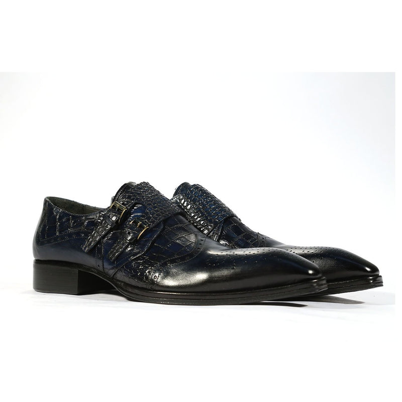 Jo Ghost 984 Men's Shoes Navy Crocodile Print /Calf-Skin Leather Monk-Straps Loafers (JG5261)-AmbrogioShoes