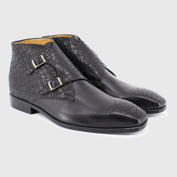 Maglieriapelle Erdek Men's Shoes Black Texture Print / Calf-Skin Leather Chukka Boots (MG1322)-AmbrogioShoes