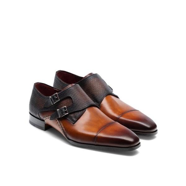 Magnanni 19616 Ondara II Men's Shoes Two-Tone Brown Lizard Print / Calf-Skin Leather Monk-Straps Loafers (MAGS1000)-AmbrogioShoes