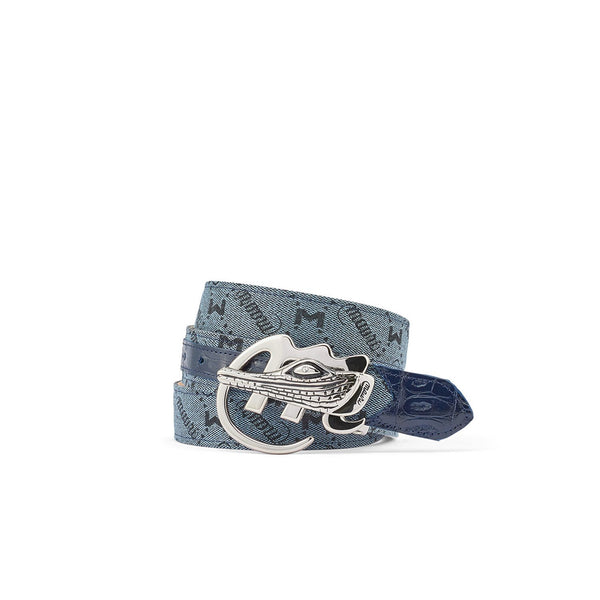 Mauri 0100/35 Men's Wonder Blue Exotic Crocodile / Mauri Fabric Belt (MAB1042)-AmbrogioShoes