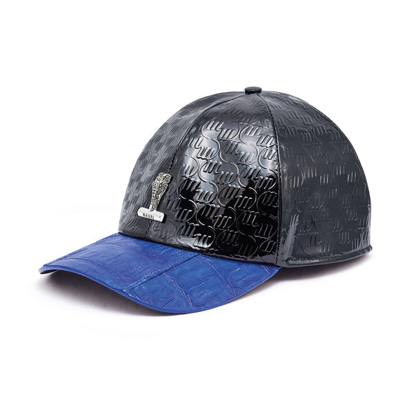 Mauri H65 Men's Black & Royal Blue Exotic Caiman Crocodile / Nappa Embbosed Hat (MAH1012)-AmbrogioShoes