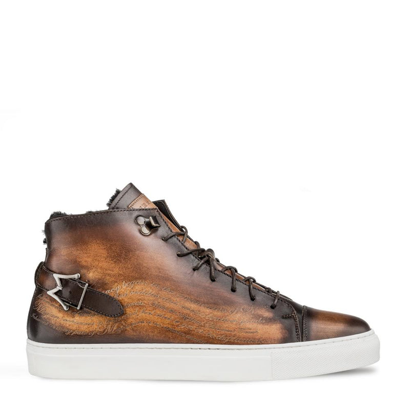 Mezlan A20044 Men's Shoes Cognac Patina Leather Etched Hi-Top Sneakers (MZ3416)-AmbrogioShoes