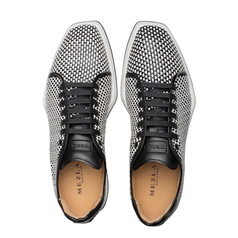 Mezlan A20301 Men's Shoes Black & White Woven / Calf-Skin Leather Sport/Casual Derby Sneakers (MZS3479)-AmbrogioShoes