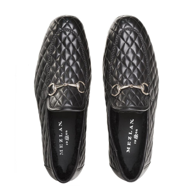 Mezlan R20136 Men's Shoes Black Quilted Calf-Skin Leather Horsebit Loafers (MZ3407)-AmbrogioShoes