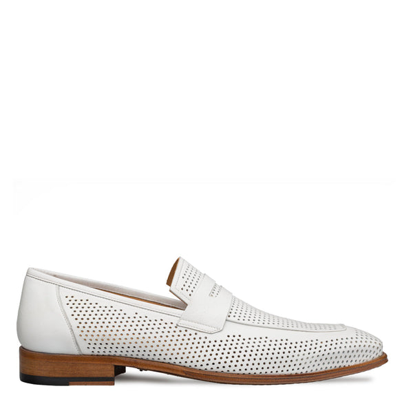 Mezlan S20296 Men's Shoes White Perforated Leather Classic Penny Loafers (MZ3487)-AmbrogioShoes