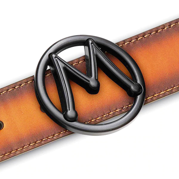 Mezlan SB11494 Tan Patina Calf-Skin Leather Circle Icon Men's Belt (MZB1200)-AmbrogioShoes