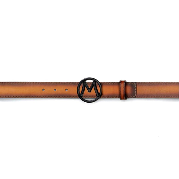 Mezlan SB11494 Tan Patina Calf-Skin Leather Circle Icon Men's Belt (MZB1200)-AmbrogioShoes