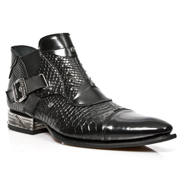 New Rock Men's Shoes Black Python Print / Calf-Skin Leather Boots M-NW135-C2 (NR1256)-AmbrogioShoes